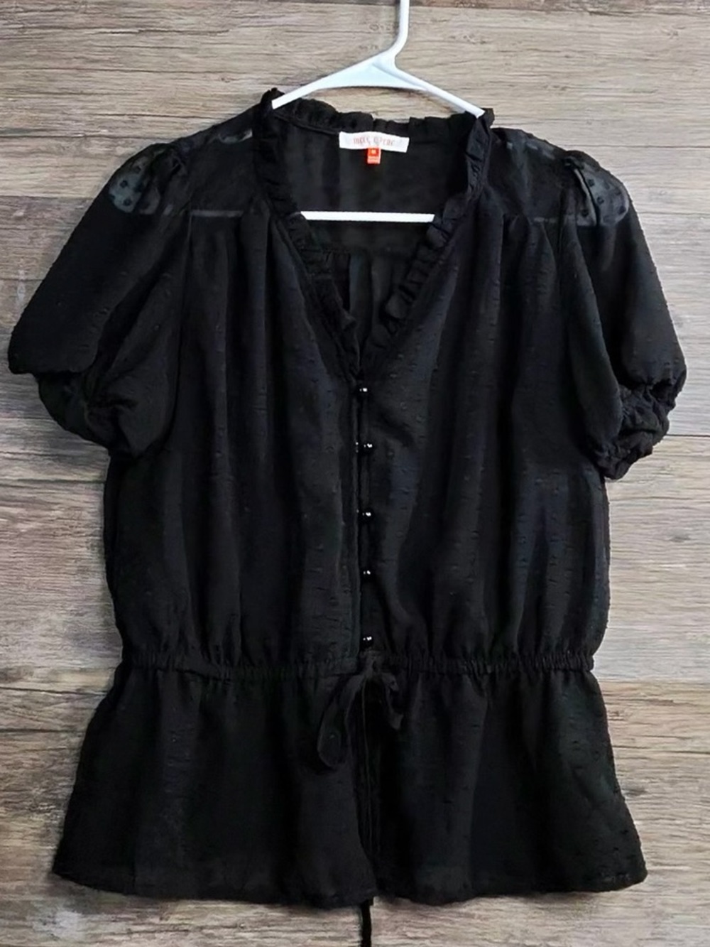 Mele Black Short-Sleeve Button-Front Peplum Blouse with Tie Waist